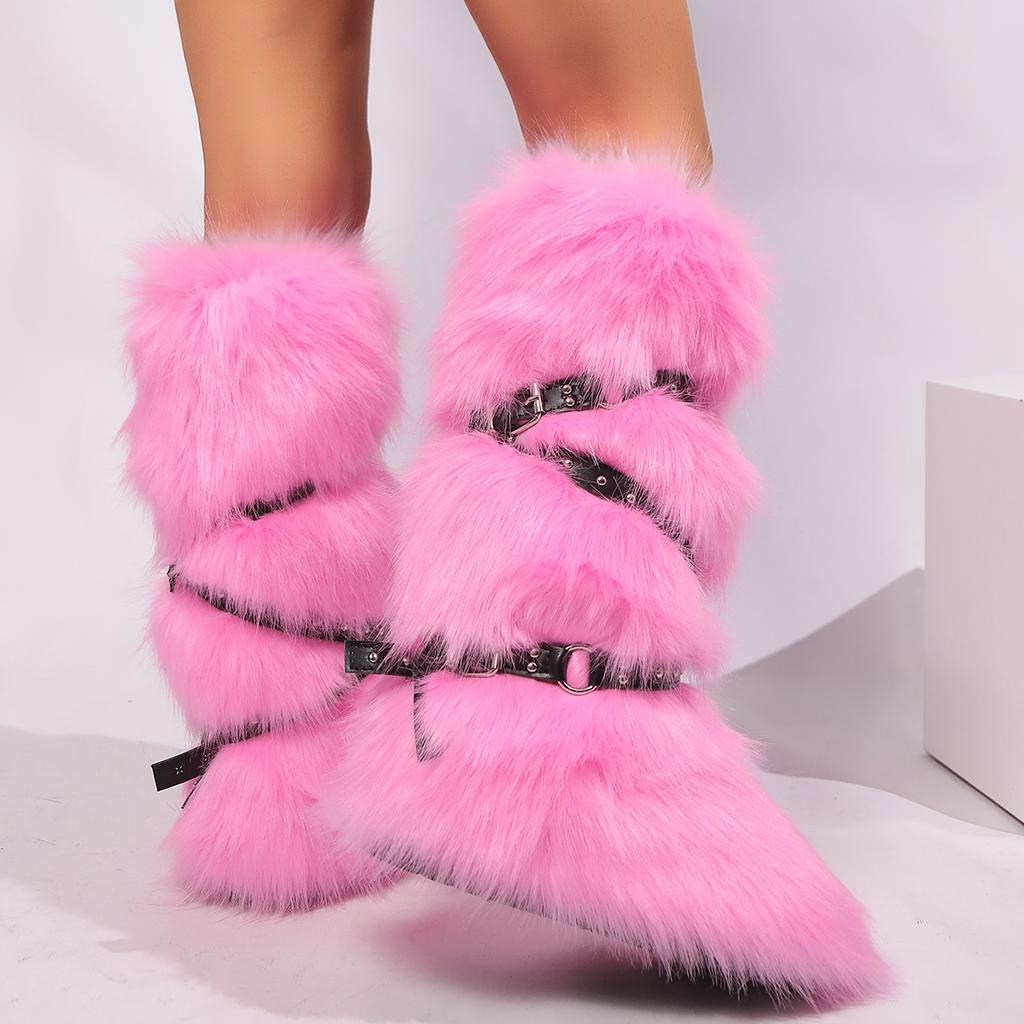 Winter Fur New Design Onepiece Raccoon FurFemale Snow Boots Fur Shoes OutdoorMid Leg Boots Y2k Cool Pink Girl