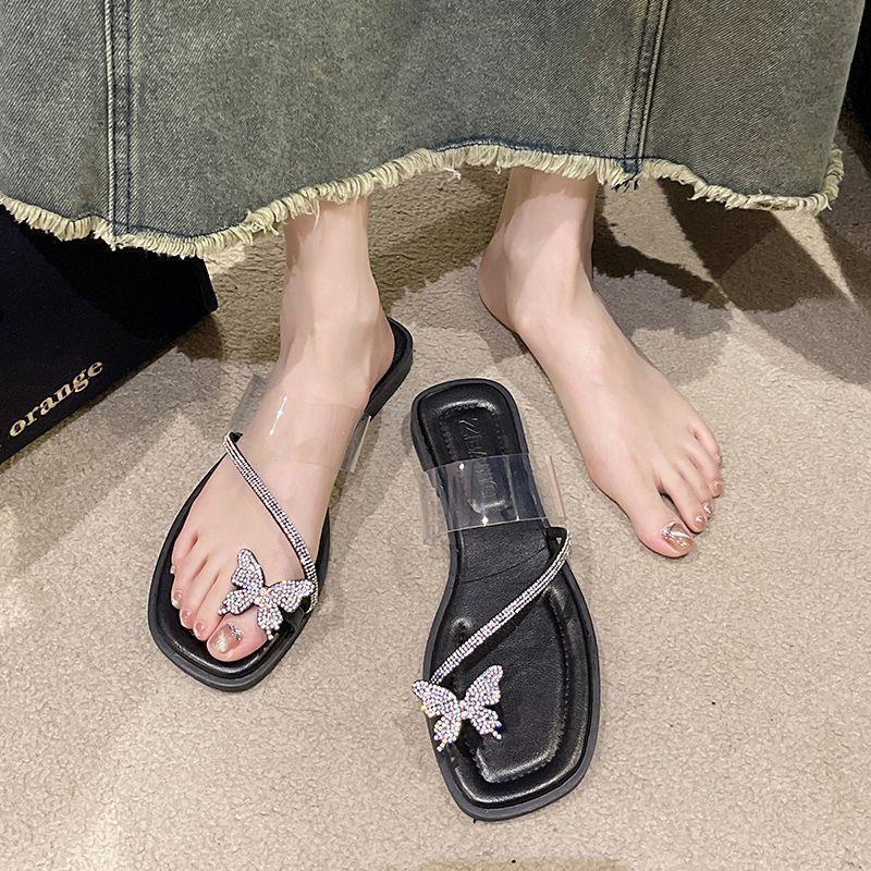 Rhinestone bow serpentine winding sandals low heel summer new one-word belt fairy wind flat Roman crystal shoes