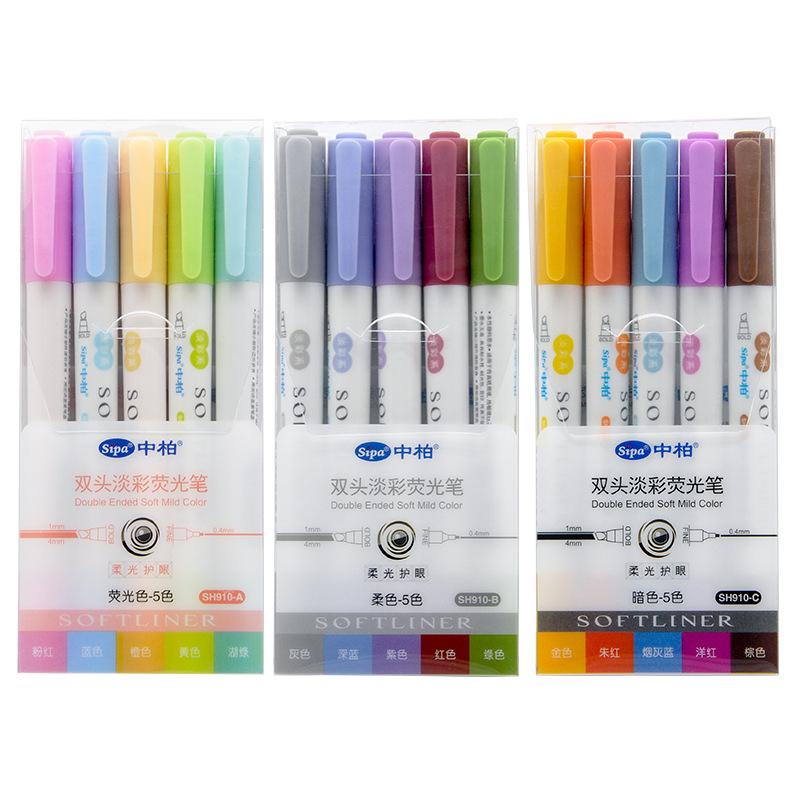 Kawai Stationery Double Ended Highlighter Fluorescent Soft Color Dark Painting Marker Pen Set of 5 Office School Supplies Lovely