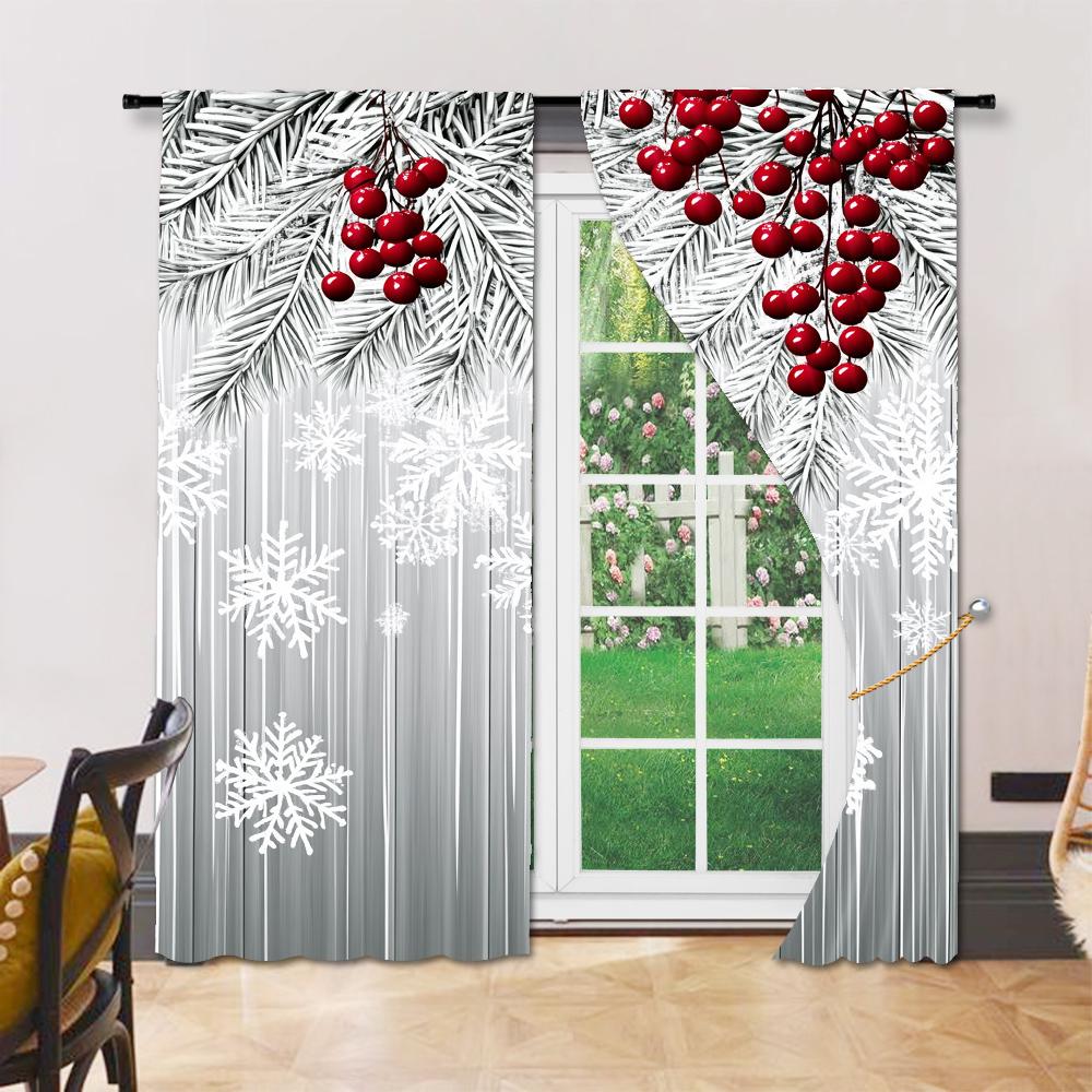 Set Of 2 Christmas Snowflake Red Berry Print Polyester Material Window Curtains Design Easy Hanging Perfect Curtain Made With Rod Pocket
