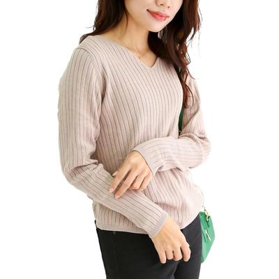 Winter Plus Ribbed Long Sizes Gray Beige Wn-0114 [Jungle Jalopy] Women's Sweater, Size, Knit, V-Neck, Cotton, Sleeve, Lightweight, Elegant,