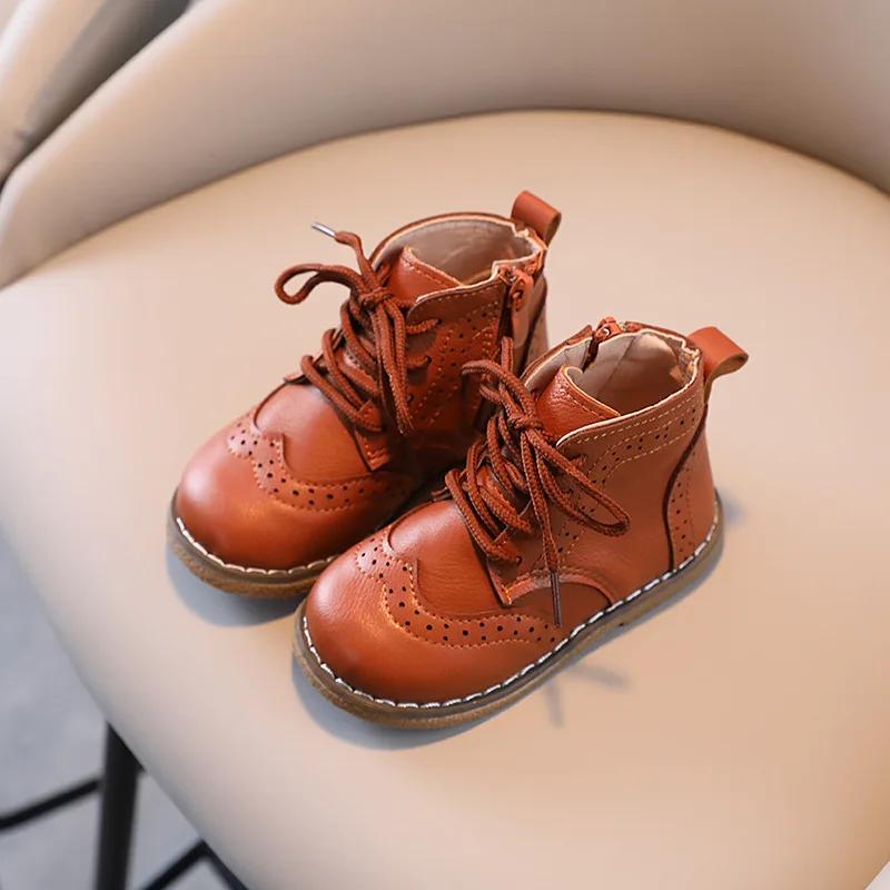Autumn Winter Children Boots Boys Girls Short Boots Toddler Fashion Leather Shoes England Soft Bottom Boots E08142