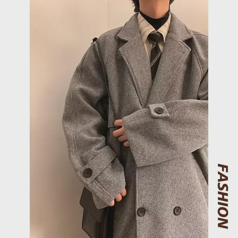 2024 Men's Double-Breasted Woolen Windbreaker: Mid-Length Loose Fit for Autumn/Winter
