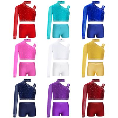 Top de Baile Brillante para Niñas Top Corto de Hombro Irregular Escote en V Cinturilla Pantalones Cortos Pedrería Disfraz de Escenario