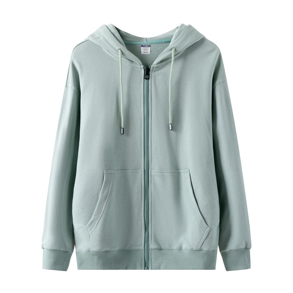 Fall Winter Terry Hooded Zipper Sweatshirt Unisex Cardigan Top Solid Color Casual Youthful Fashionable Loose-Fit Jacket