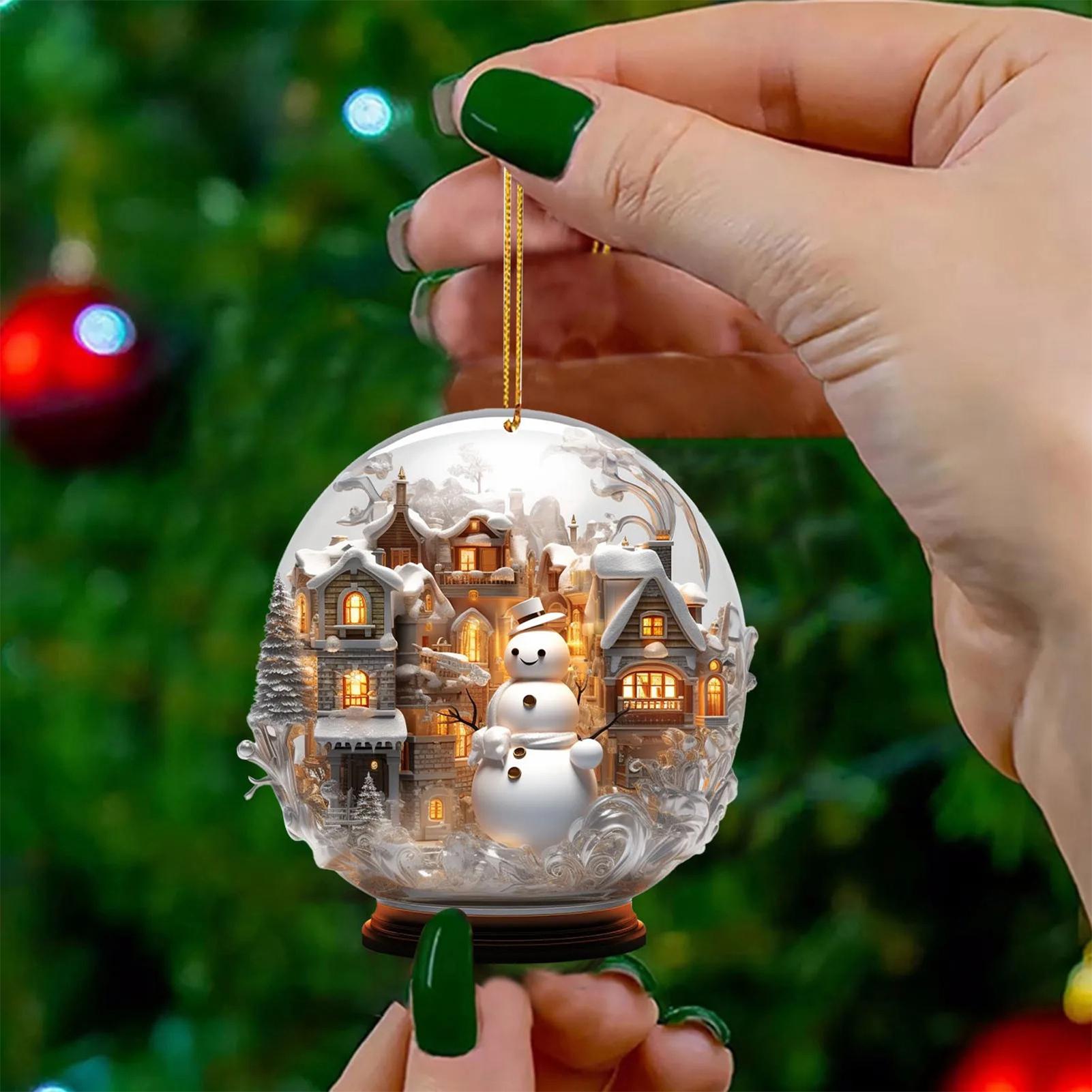 

2D Flat Mini Christmas Glass Ball Ornaments Acrylic Xmas Snowman Snowflake Imitation Glass Ball Pendant Xmas Tree Car Pendant