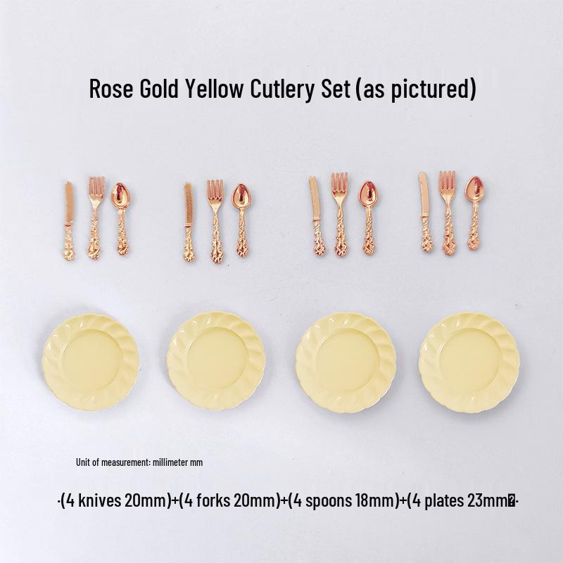Miniature Dollhouse DIY Model Cake Set: Alloy Plate, Knife, Fork & Spoon Props