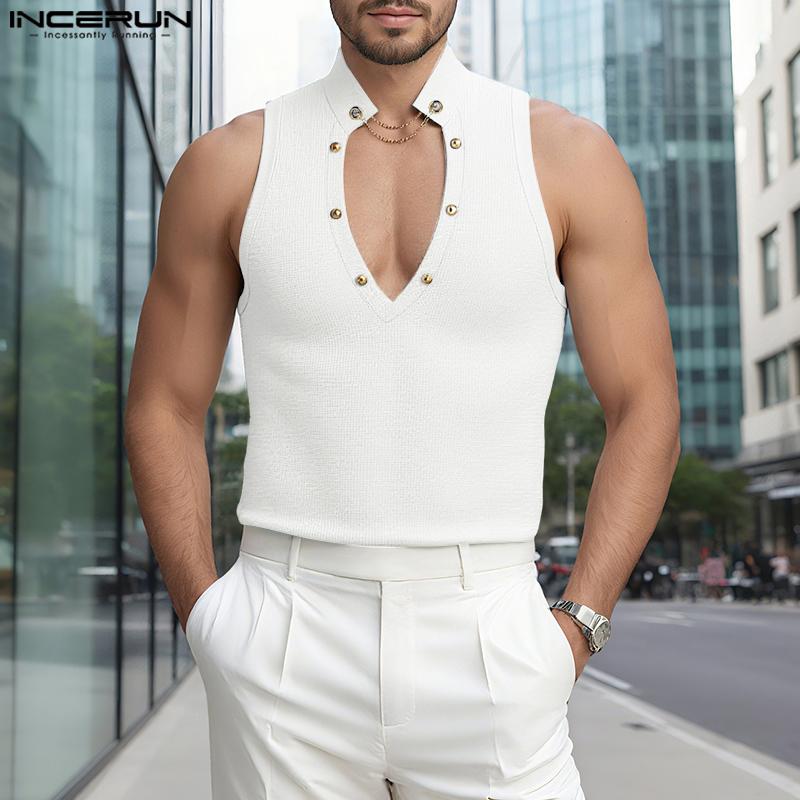 INCERUN Oversized Men Cutout Neck Sleeveless Texture Casual Tank Tops