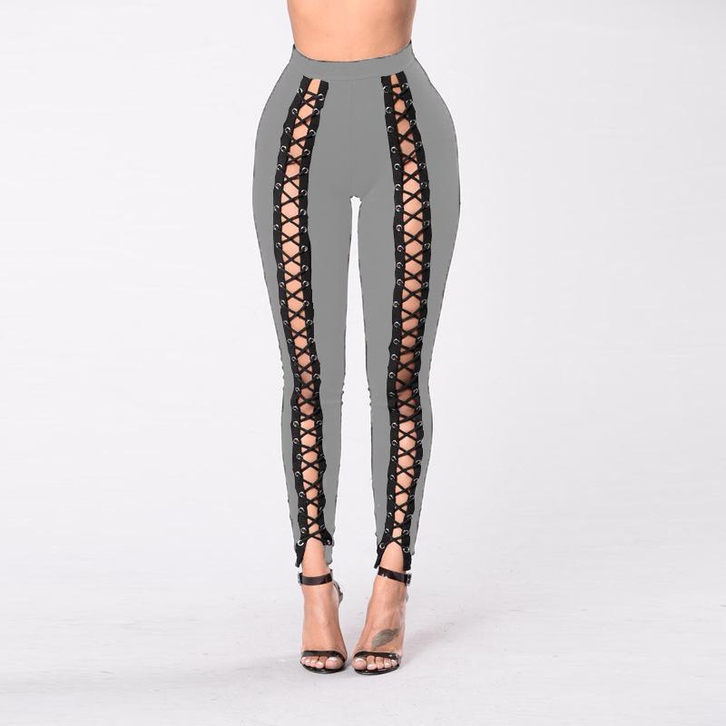 Sexy European & American Eyelet Strap Leggings: Slimming, Exposed Legs, Hip Lift, Large Sizes Available, Women's Fitness Tights