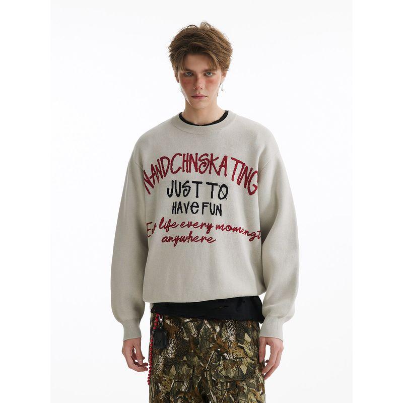 Men's American Retro Street Style Letter Jacquard Crew Neck Sweater, Men's Lazy Style Loose Pullover Knitwear for Couples