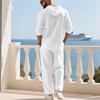 Cross-border Autumn Linen Men's Casual Suit Loose Hooded Henley Shirt Long Sleeve Pants Suit