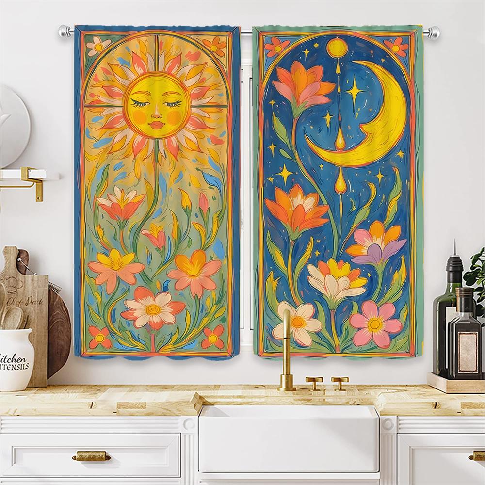 Piece Set High Definition Digital Printed Curtaincolorful Floral Sun Moon Abstract Style Cross Border Commerce Curtainhom Curtains Made Of Polyester