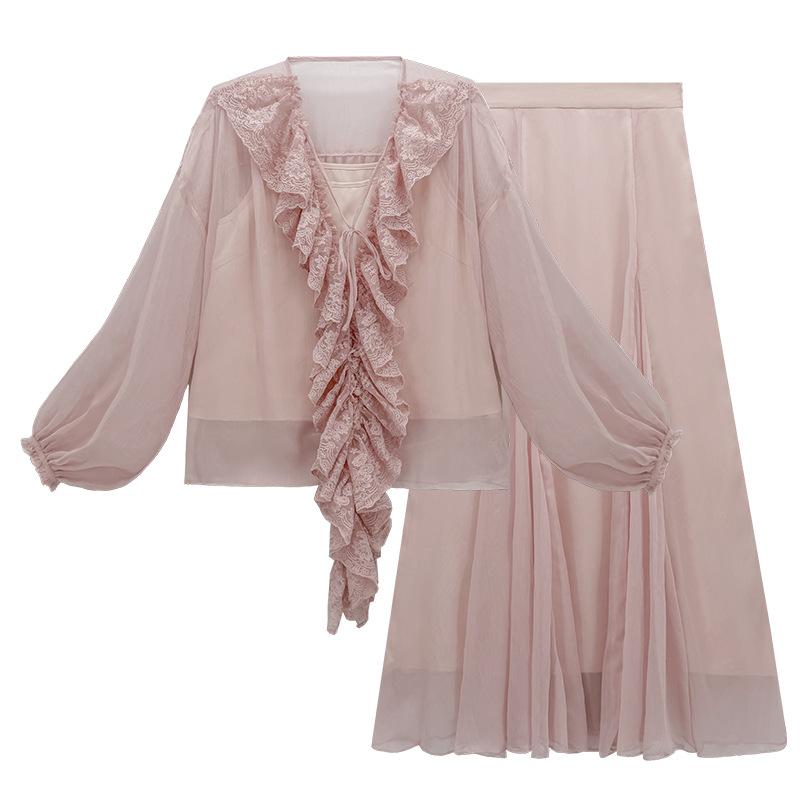 Spring and summer fashion new national style new Chinese ruffle edge lace top + A word big swing skirt suit female P1119
