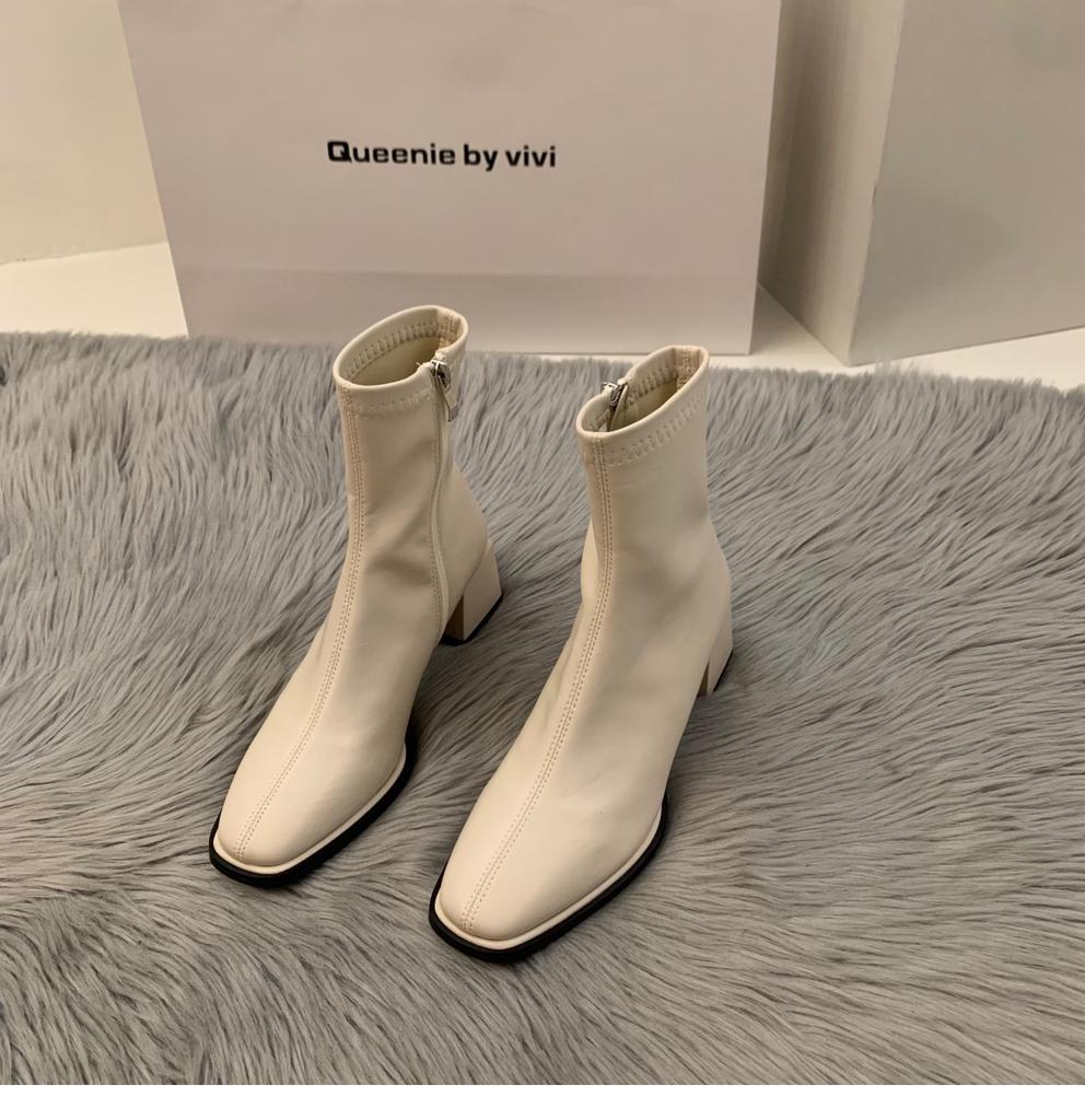 White High Heel Square Head Skinny French Small Leather Boots Women's Shoes 2024 New Spring and Autumn Single Boots Brown Martin Boots