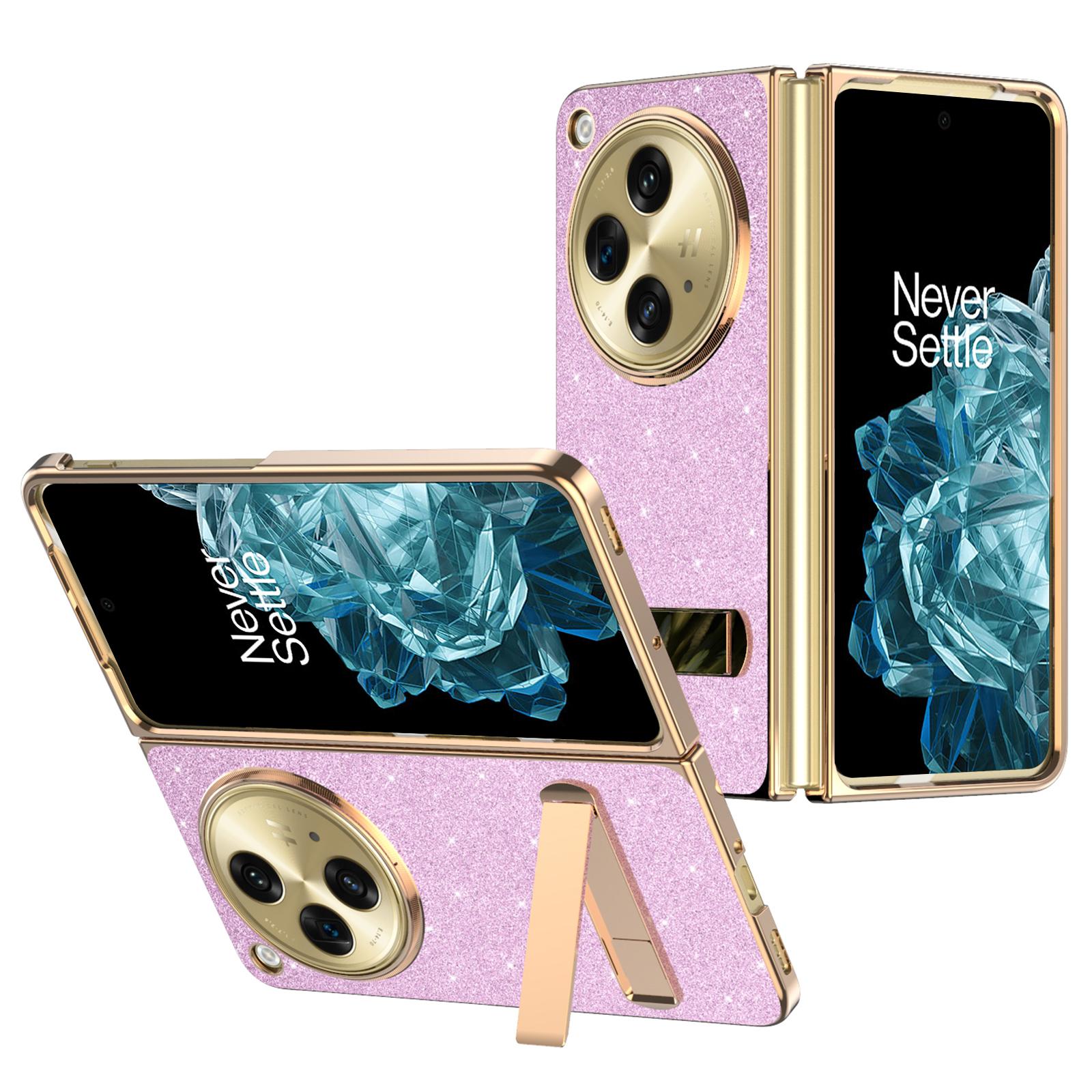 

For OnePlus Open Case Kickstand Glitter PU Leather+PC Folding Phone Cover Pink