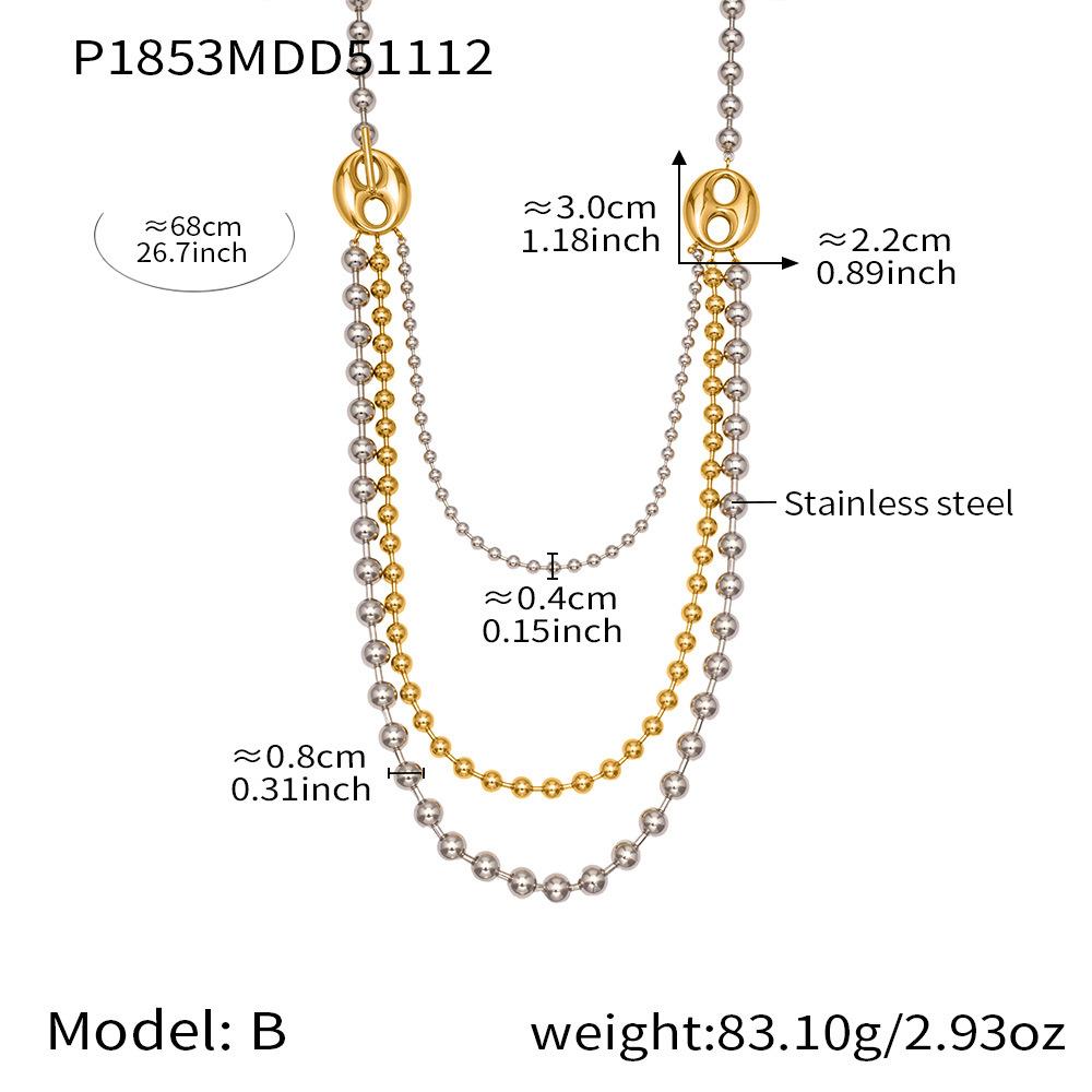 Two-tone Triple Layered Long Necklace In Stainless Steel 18k Gold Plated Beaded Sweater Chain Necklaces for Women