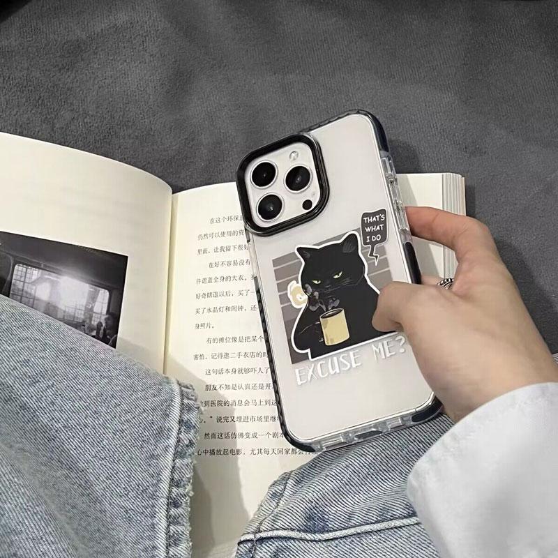 Drinking Coffee Black Cat Phone Case For iPhone 16 15 14 13 12 11 Pro Max XR XS 7 8 Plus Transparent Shockproof Silicone Cover