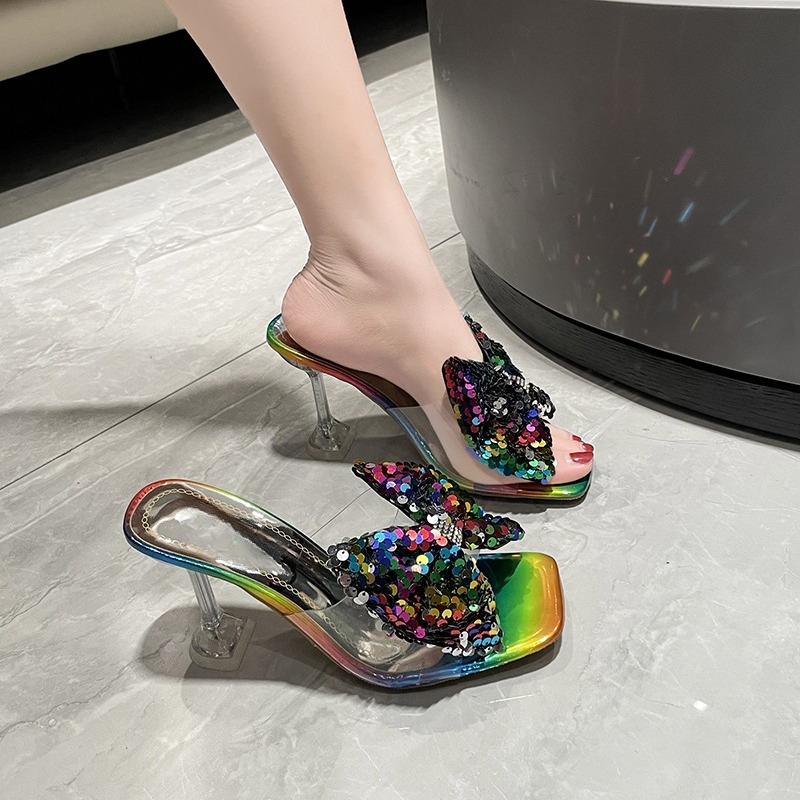 Slippers Women Transparent High Heel Sexy Colorful Rhinestone Bow Outside Wear Spring New Stiletto Shoes