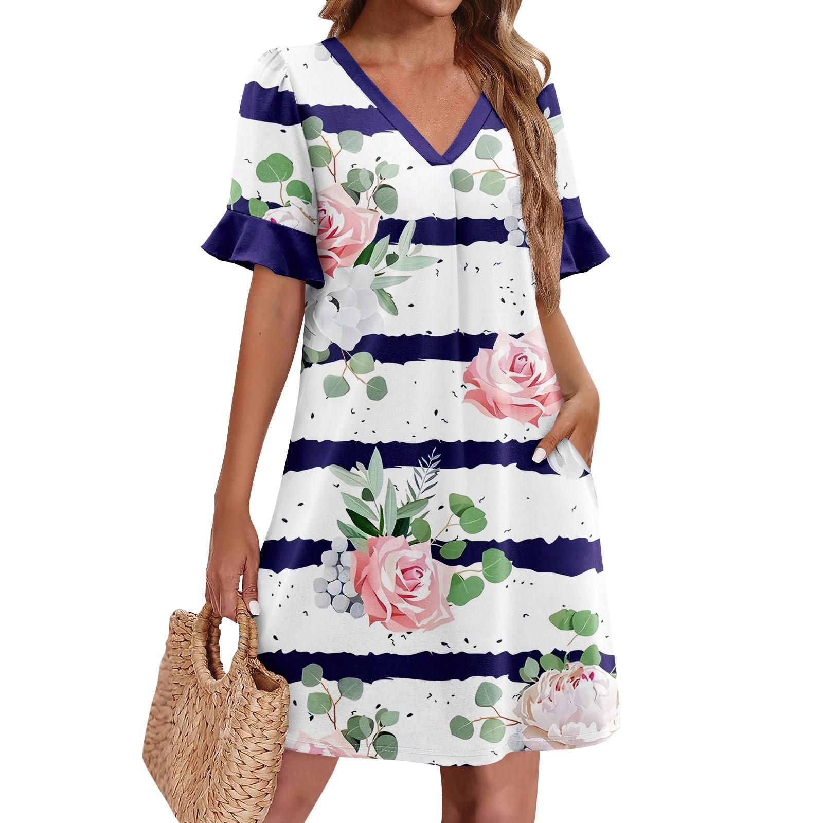 

Літні сукні для жінок з V-подібним вирізом і рюшами, короткими рукавами, повсякденна вільна сукня з принтом, пляжна сукня з кишенями S рожевий