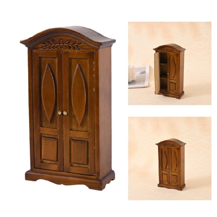 Miniature Antique Wooden Wardrobe For 1/12 Scale Dollhouses Accessories Double Door Cabinet Bedroom Scene Display Props