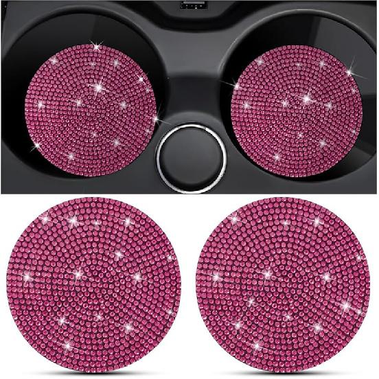 2PCS Bling Car Cup Holder Coaster, Crystal Rhinestone Non-Slip Ert Auto Cup Pads, Sparkling Vehicle Decor Bottle Mat Accessories For Women Girls,