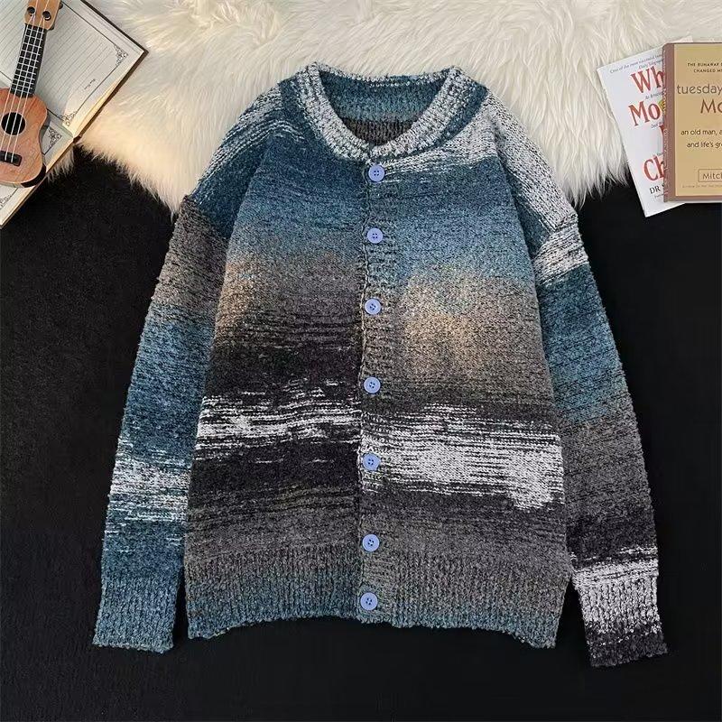 Autumn and Winter Niche Gradual Change Cardigan Sweater Men's American Ins Retro Trendy Brand Loose and Versatile Couple Knitted Jacket