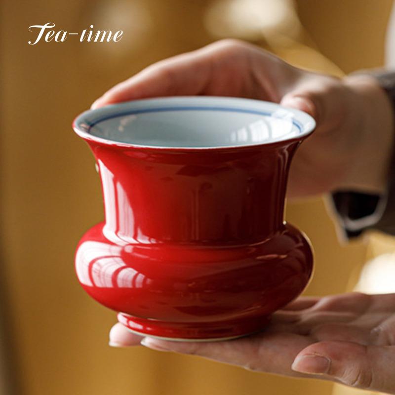 Hand Painted Ceramic Jianshui Forbidden City Red Tea Washing Bowl Residue Jar Water Bucket Chinese Big Pretty Bowl Tea Ceremony