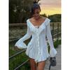 Mode Sexy Ausgestelltes Langärmeliges Tief V-Ausschnitt Kurzes Kleid Lässig Elegant Bodycon Gerüscht Geschnürt Süße Partykleider Streetwear Club Damenbekleidung