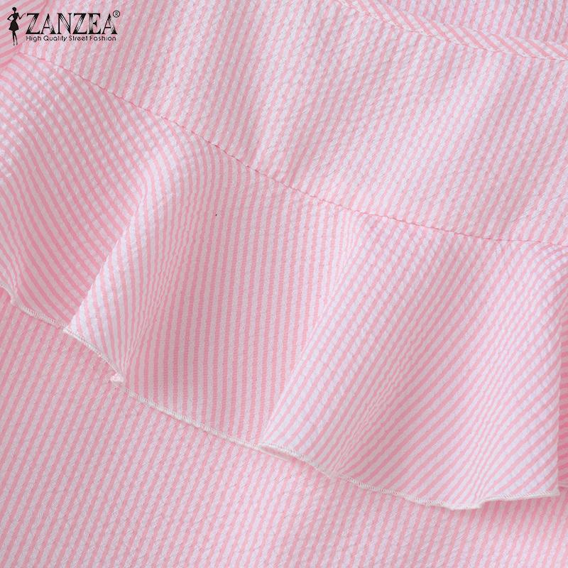 ZANZEA Women Casual Round Neck Short Sleeve Stripe Ruffles Blouse