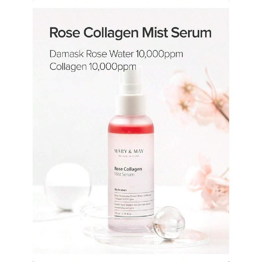 Mary&May Rose Collagen Mist Serum 100ml - Double Layer Essence Face Spray -  Anti-Aging And Glowing Skin With Damask Rose Water And Plant-Based Oils