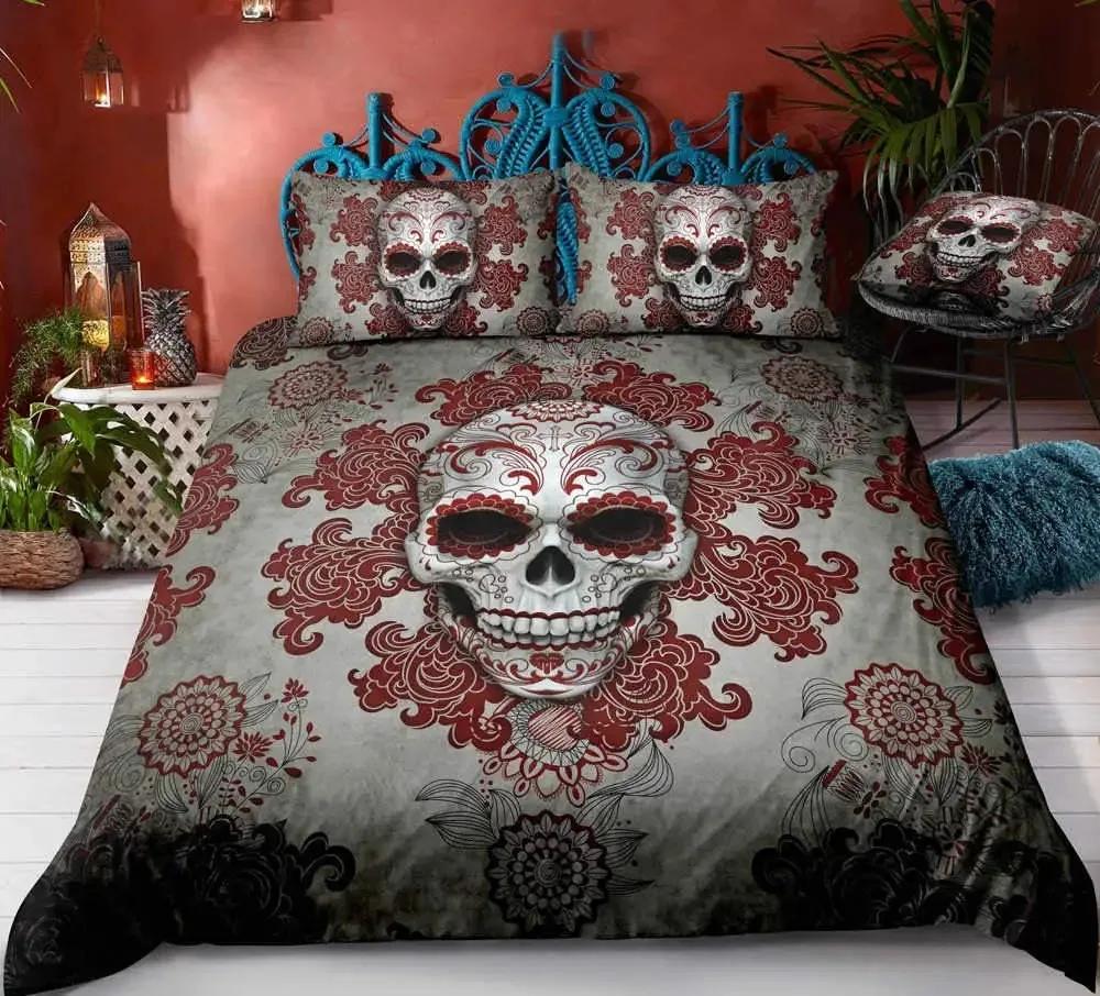 3D Printed Floral Skull Duvet Cover Set Mandala and Sugar Skull Bedding Sets Skeleton Bones Roses Floral Quilt Cover King Size