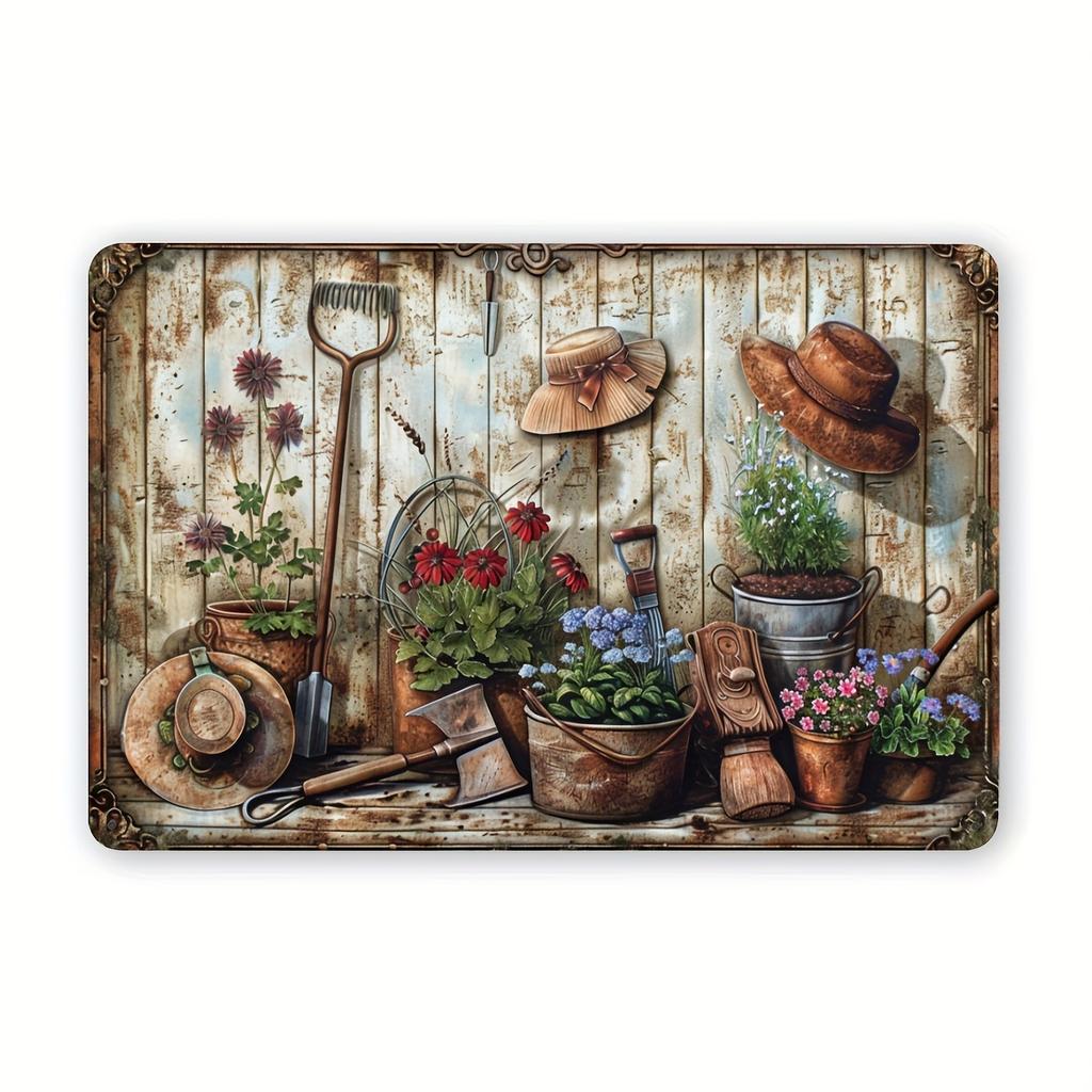 [1Pc Vintage Sign] Rustic Vintage Floral Metal Sign | Garden Wall Decor with Flowers, Watering Can, and Hats | Durable Wall Art