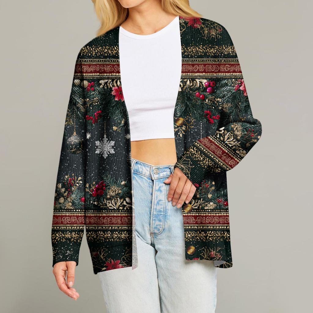 Women's Fashion Long Sleeve Print V-Neck Button Loose Cardigan Top