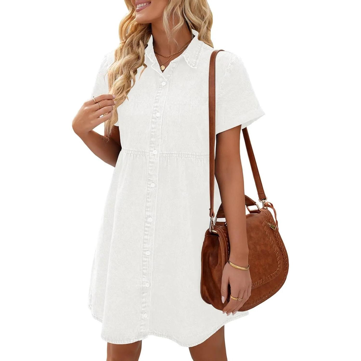 

Жіночі джинсові сорочки з коротким рукавом, відкладним коміром, джинсова сукня, однобортний повсякденний топ, вільний жіночий сукня з рюшами L білий