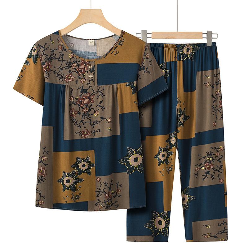 Mom's Bamboo Cotton Plus Size Summer Casual Set – Loose Short-Sleeve Top & Two-Piece Outfit for Middle-Aged and Elderly Women