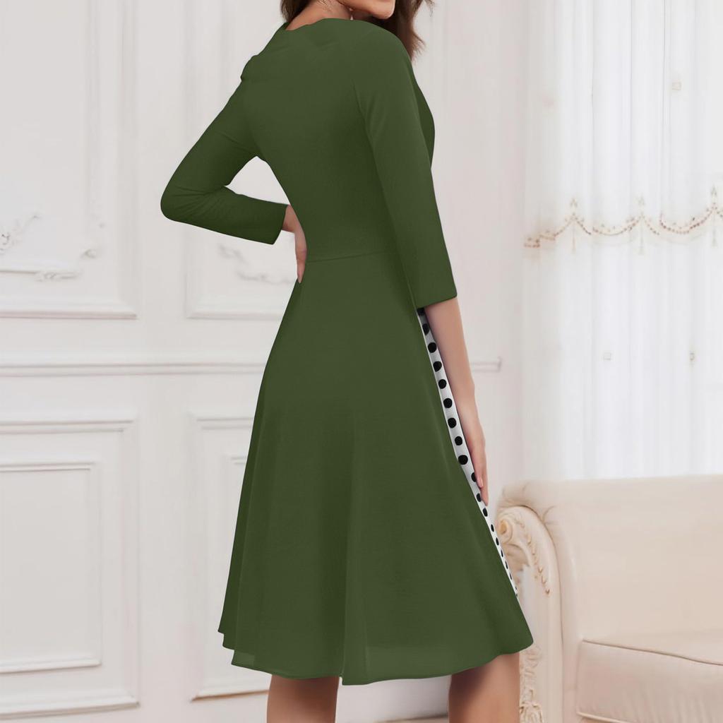 Ladies' Fashionable Retro Long Sleeved Round Neck Polka Dot Printed Dot Dress