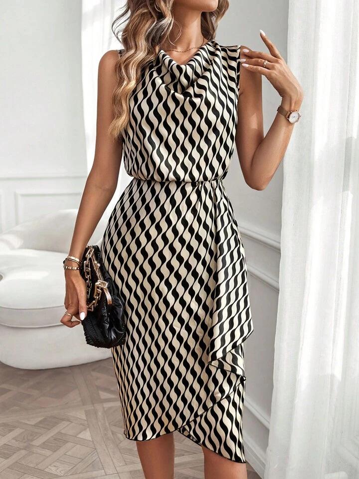 Women s Black White Wave Stripe Sleeveless Side Cascading Dress S чёрный