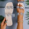 Rhinestone Flower Flat Sandals for Women 2025 Fashion Square Toe Summer Slippers Woman Lightweight Non Slip Outdoor Beach Slides