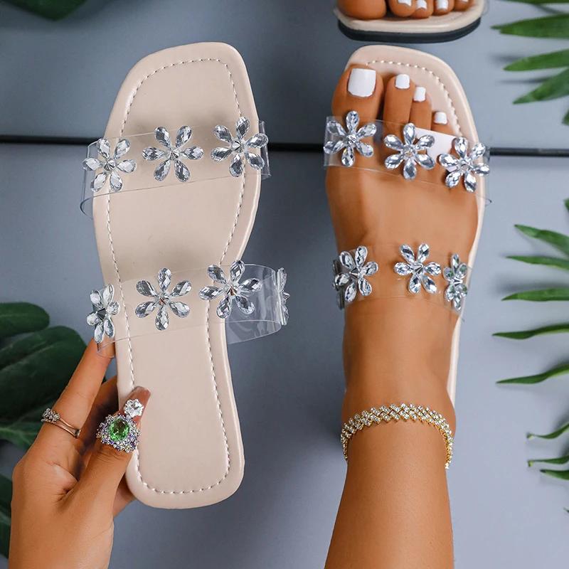 Rhinestone Flower Flat Sandals for Women 2025 Fashion Square Toe Summer Slippers Woman Lightweight Non Slip Outdoor Beach Slides