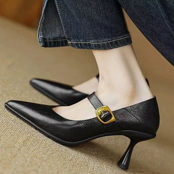 Pointed one-word buckle high heels women's spring new thin heel Mary Jane single shoes can be stepped on