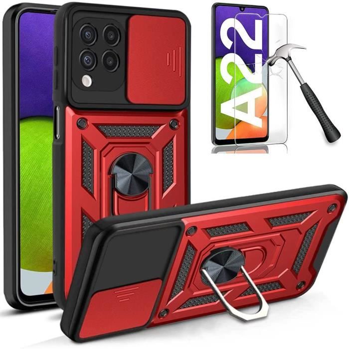 Coque et Verres de Protection - Samsung - A22 4G - Rouge - Antichoc - Cache Caméra Anti-Rayure