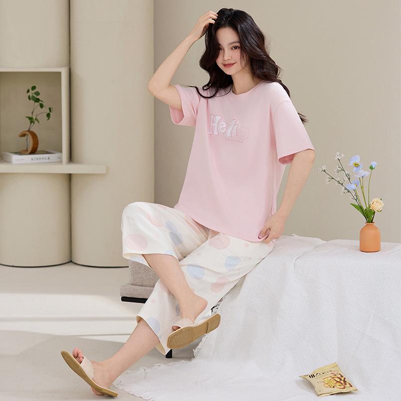

Women s Pure Cotton Summer Pajama Set - Short Sleeve Top & 7-Point Pants, Loose Casual Homewear for Indoor/Outdoor Use 4XL (90-100 kg)