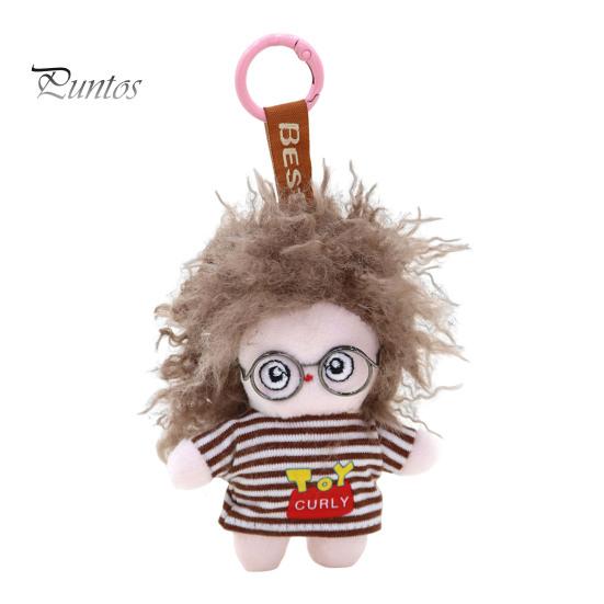 Keychain Doll Pendant, Mini Size Portable Soft Velvet Fabric Daily Wear Bag Charm Fried Hair Glasses Doll, Durable Accessory for Bags Keys Backpacks