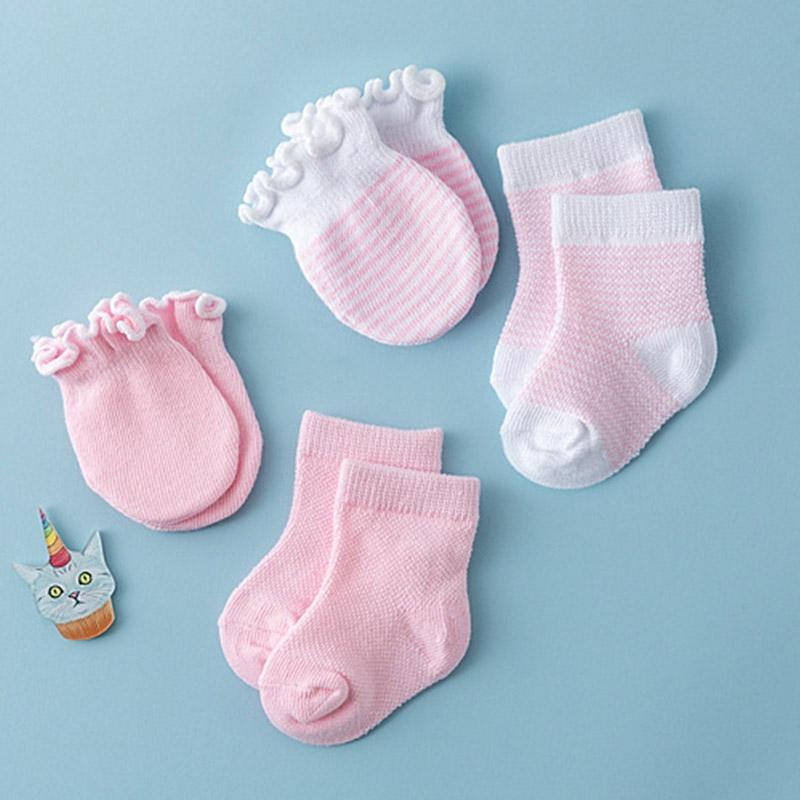 

4Pair/Set Solid Color Baby Socks Gloves Set Cute Strip Elastic Infant Toddler Socks Soft Cotton Newborn Girl Boy Ruffle Mitten One Size&0-6 Months