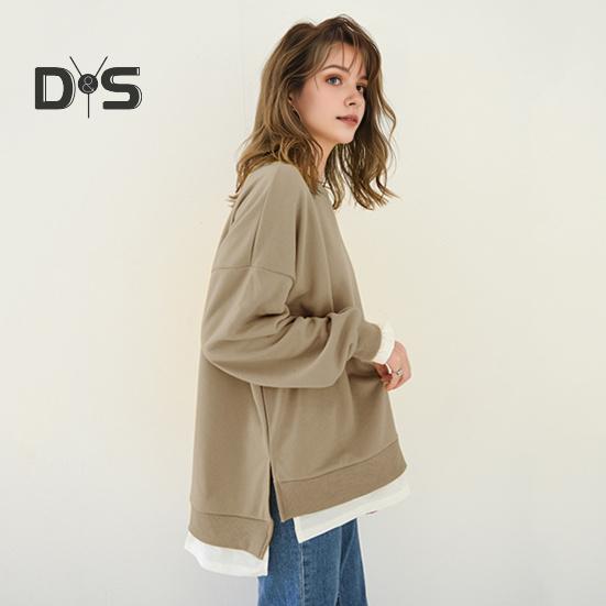 Women Sweatshirt Round Neck Long Sleeve Solid Color Loose Fit Pullover Tops Fake Two Pieces Side Slit Design Casual Sport Tops
