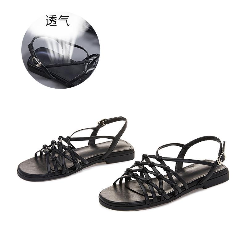 New Woven Sandals Women 2025 Summer French Flat Sandals Women Casual Versatile Fairy Style Roman Sandals Women
