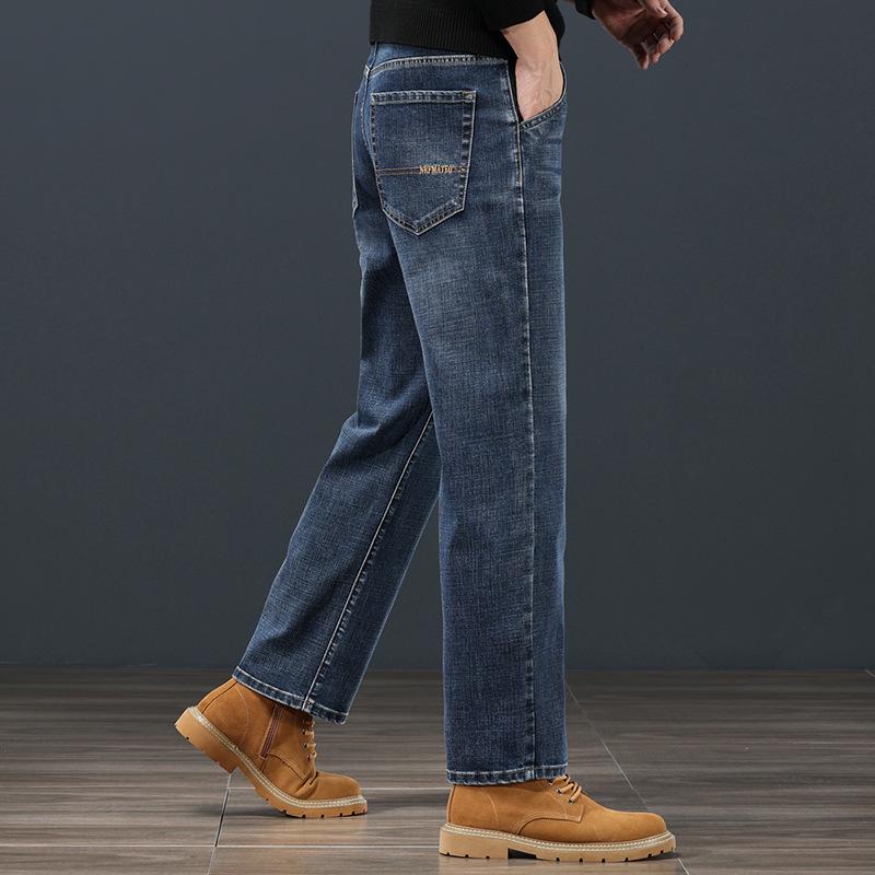 Men's Plus Velvet Loose-Fit Straight Jeans with Oblique Pockets - Versatile Autumn/Winter Nine-Point Pants (Large Size Available)