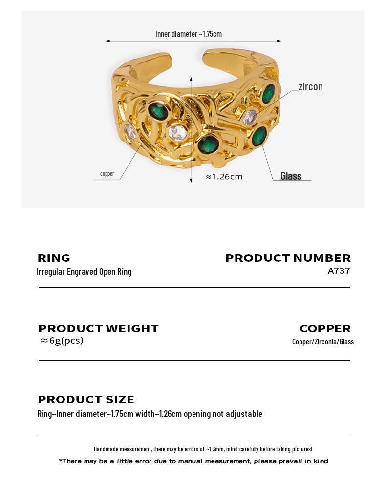 18k Gold-Plated Copper Ring with Colored Cubic Zirconia, Irregular Engraved Pattern, European & American Retro Fashion Jewelry for Women.