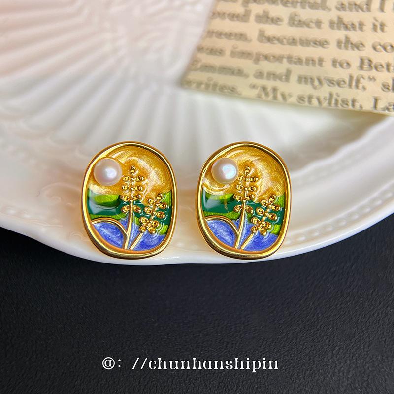 

New Chinese retro color oil painting ear clips without ear piercings, high-end flower creative enamel freshwater pearl earrings for women