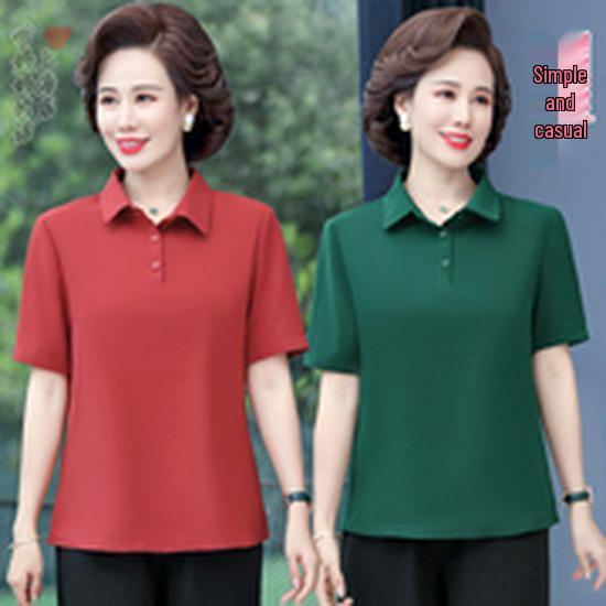 Autumn Cotton Lapel T-shirt for Middle-aged & Elderly Women - Long-Sleeve, Loose Fit, Plus Size